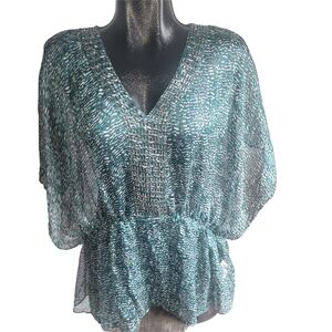 RW&CO Teal And Black Patterned Kimono Style Top L